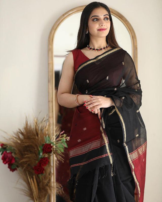 Smoky Black Maheshwari Cotton Silk Saree