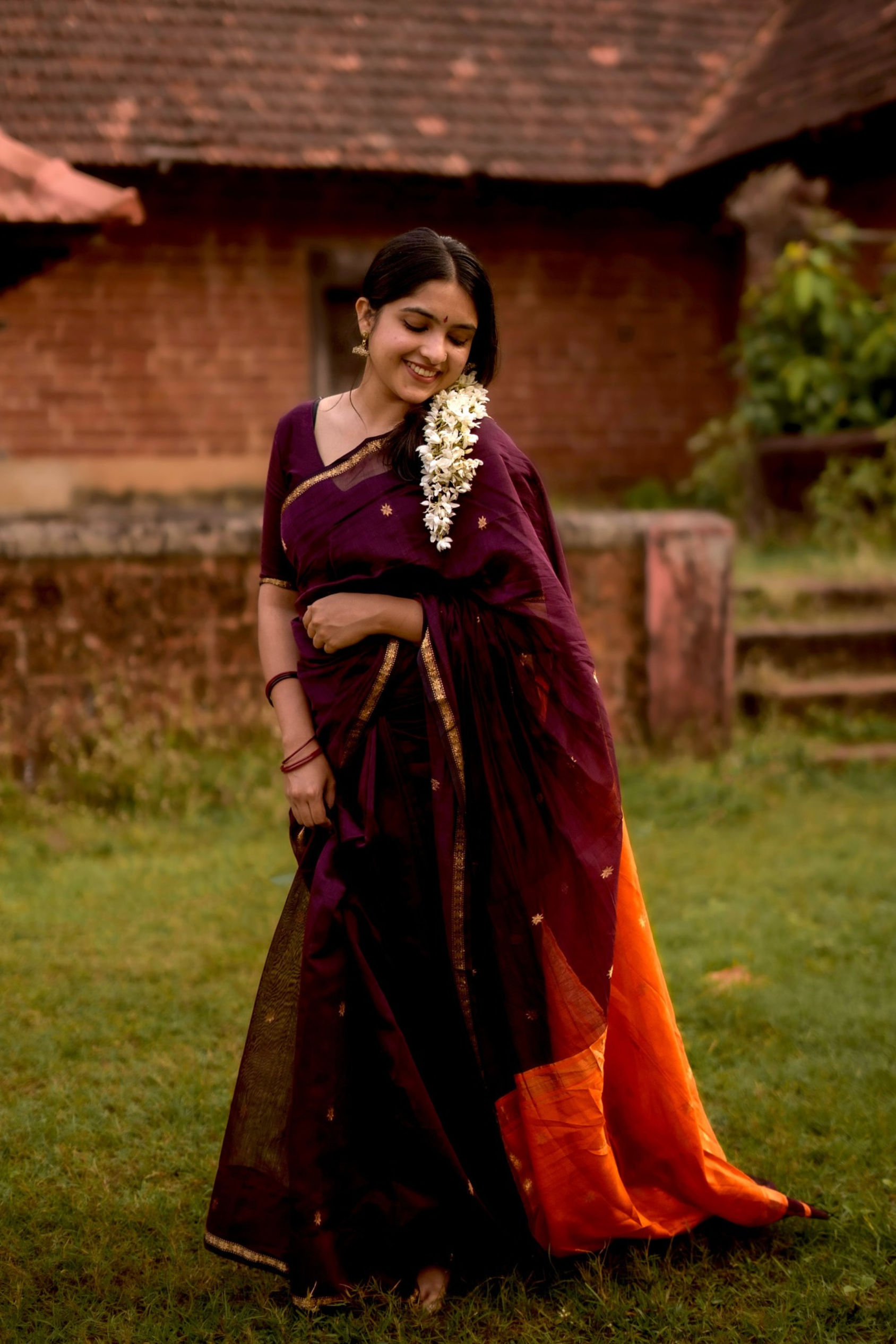 Deep Brown Maheshwari Cotton Silk Saree