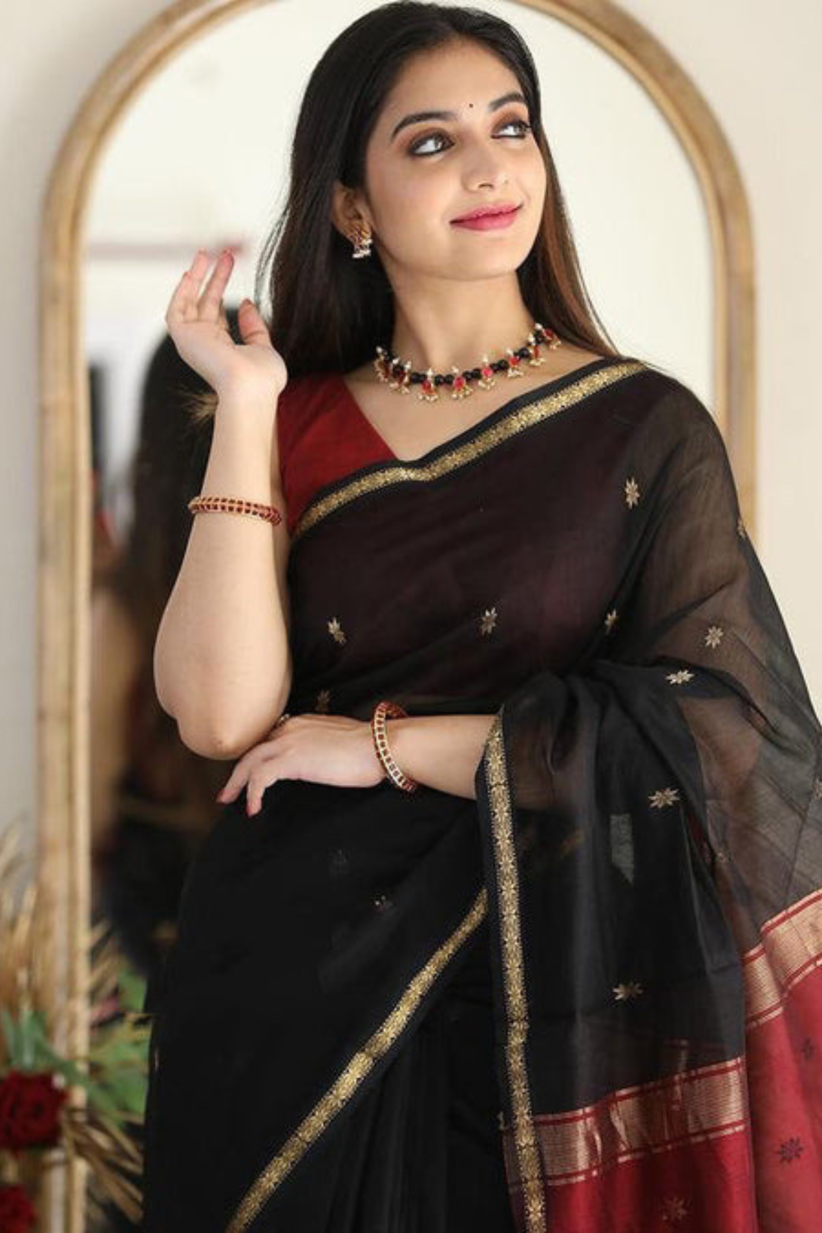 Smoky Black Maheshwari Cotton Silk Saree