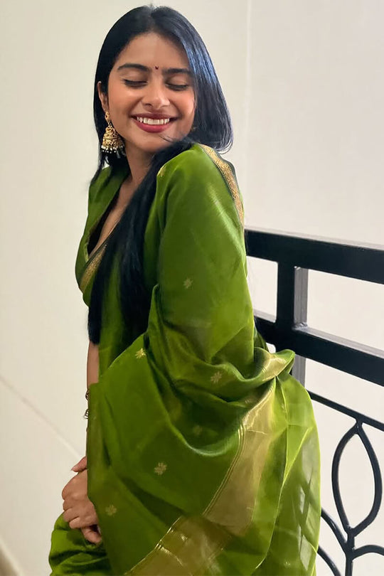 Leaf Green Maheshwari Cotton Silk Saree