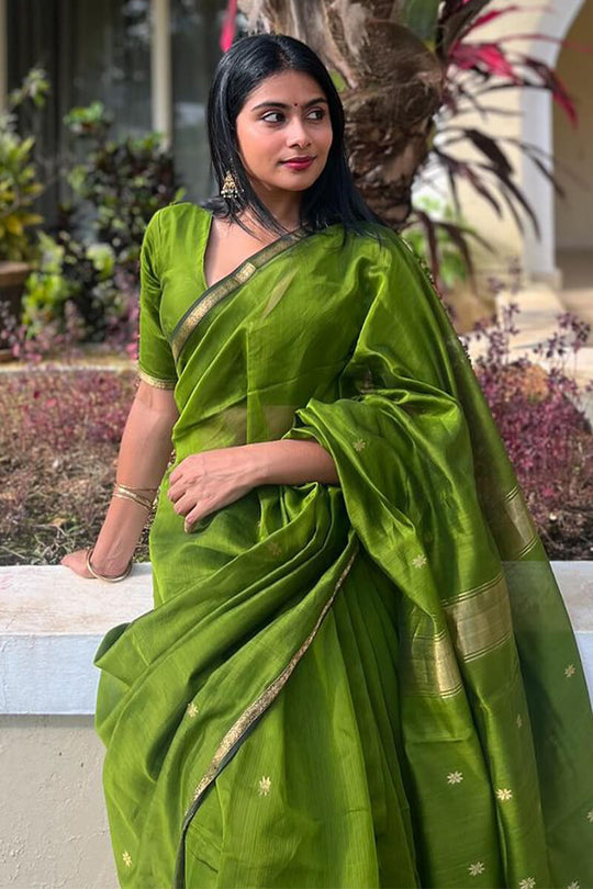 Leaf Green Maheshwari Cotton Silk Saree - Image 3