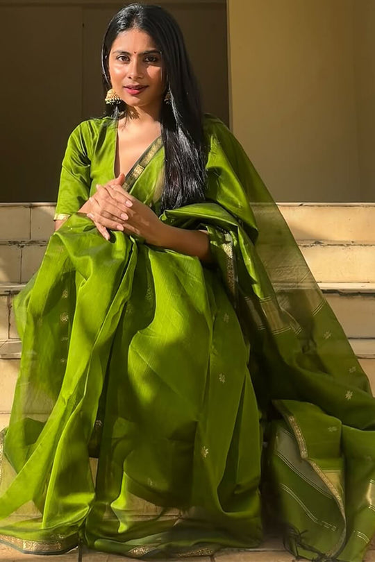 Leaf Green Maheshwari Cotton Silk Saree - Image 4